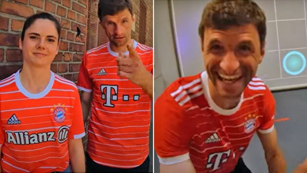 Thomas Müller mit Sarah Zadrazil (Bild: YouTube.com/FC Bayern München)