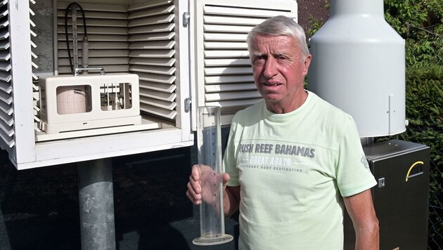 Heinz Fritz vor der Wetterstation in seinem Garten. Er misst seit 40 Jahren die Niederschlagsmengen und die Temperatur. (Bild: SOBE HERMANN)