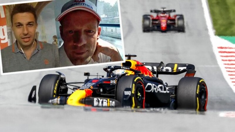 Alex Wurz (im Bild oben rechts) im Skype-Interview mit Michael Fally - eines der Themen: Ferraris Stall-interner Kampf, der Max Verstappen „das Leben leicht“ gemacht hat. (Bild: APA/ERWIN SCHERIAU, krone.at)