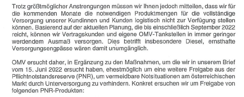 Im Brief ans Ministerium fordert die OMV unter anderem die Freigabe weiterer Diesel-Reserven. (Bild: zVg)