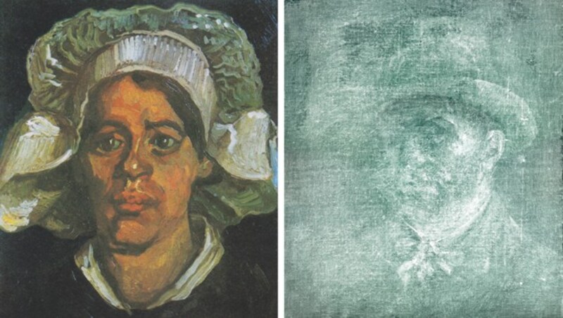 Das Porträt von van Gogh (rechts) wurde auf der Rückseite des Gemäldes „Kopf einer Bäuerin mit weißer Haube“ (links) entdeckt. (Bild: Wikipedia (gemeinfrei), National Galleries of Scotland, KRONE Kreativ)