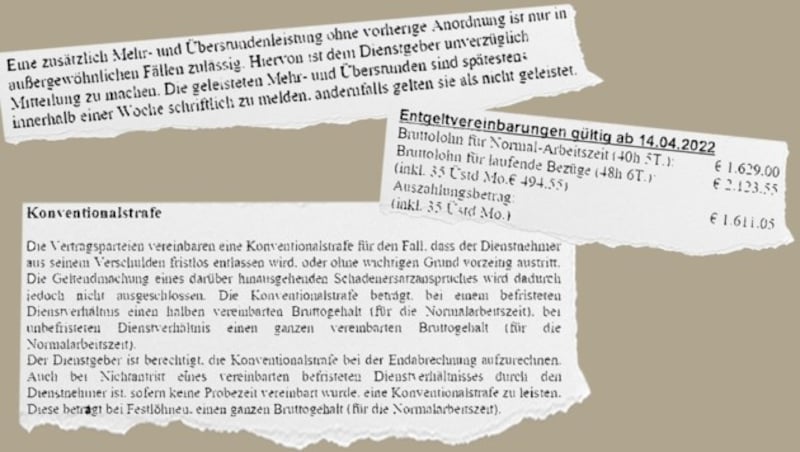 Nur 1611 Euro netto für eine Sechs-Tage-Woche (48 Stunden) stehen im Vertrag. Auch vorzeitiges Kündigen kann dem Mitarbeiter einen halben Lohn kosten. Und Überstunden werden nicht bezahlt, wenn sie nicht binnen einer Woche schriftlich gemeldet werden. (Bild: zVg)