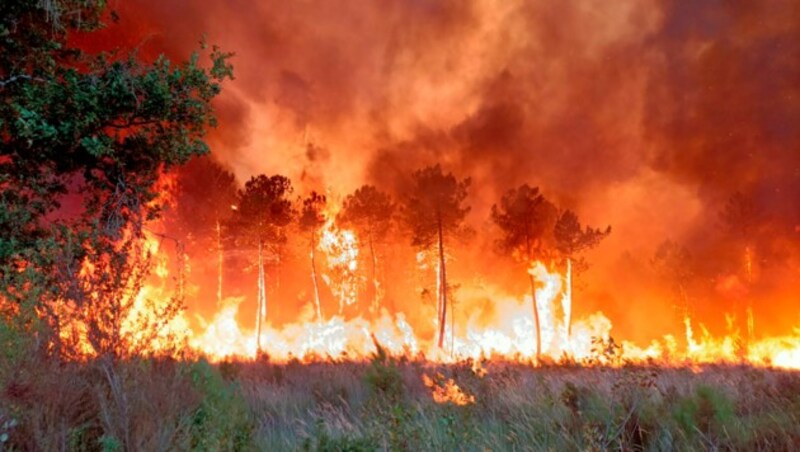 Ein Waldbrand bei Landiras am Freitagmorgen im Südwesten Frankreichs (Bild: AP)