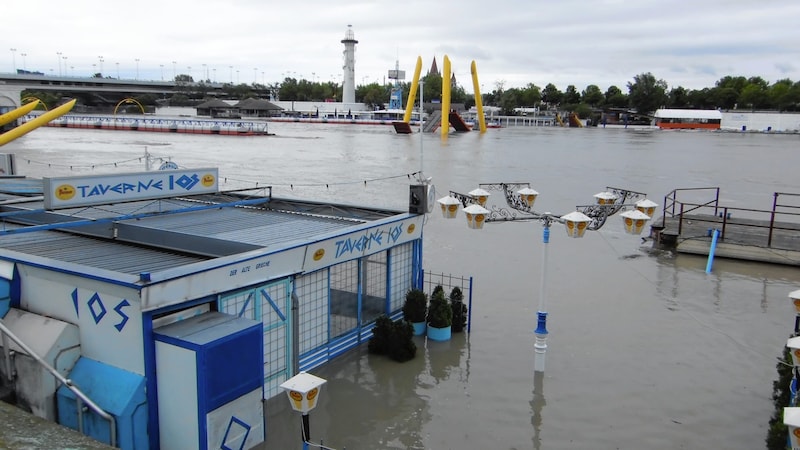 For flood protection reasons, the two pontoon bridges over the New Danube, the Copa-Steg and the Waluliso Bridge, were already retracted before the weekend. (Bild: Andi Schiel)