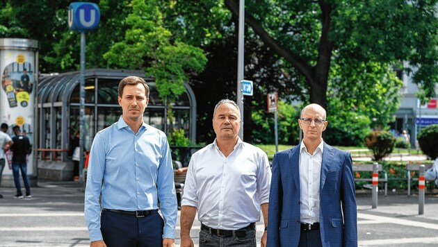 Nationalrat Nico Marchetti, Wolfgang Baumann und Daniel Soudek (alle ÖVP) fordern mehr Sicherheit für den Keplerplatz. (Bild: VP Favoriten)