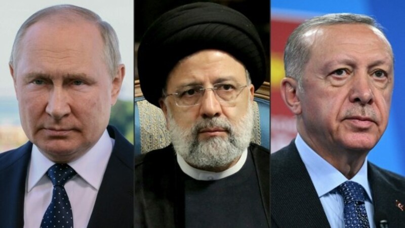 Russlands Präsident Wladimir Putin, der iranische Präsident Ebrahim Raisi und der türkischen Präsident Recep Tayyip Erdogan (v.l.) (Bild: AFP)