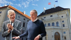 Medienmanager und Ex-ORF-Chef Gerhard Zeiler (re.) spendet 50.000 Euro für den Wahlkampf von Bundespräsident Alexander Van der Bellen. (Bild: Krone KREATIV; APA)