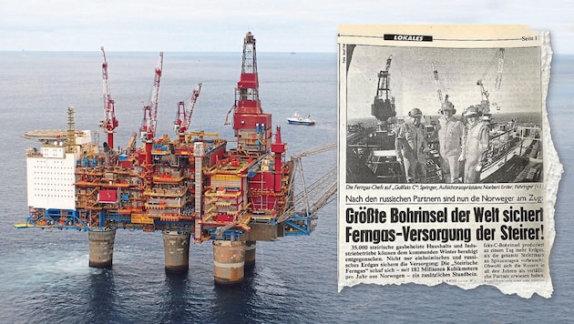 Schon Anfang der 90er-Jahre sicherte sich die damalige Steirische Ferngas Gas von der riesigen Bohrinsel Gullfaks C in Norwegen. (Bild: Krone KREATIV, Oyvind Hagen/Statoil, Krone)