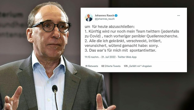 Nach einem heftigen Schlagabtausch mit Twitter-Usern gab Gesundheitsminister Johannes Rauch entnervt auf. (Bild: APA; Screenshot/Twitter, Krone KREATIV)