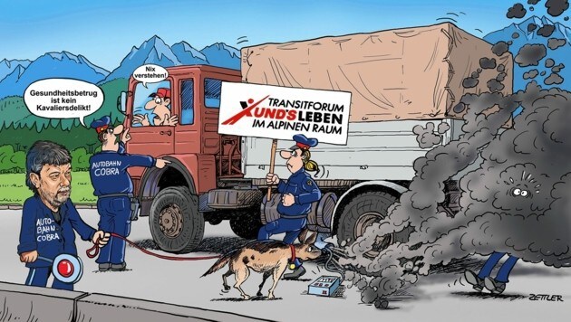 So sieht unser genialer Karikaturist Alfred Zettler die Forderung des Transitforums Austria, eine Cobra für sämtliche Autobahnen und Schnellstraßen zu installieren. (Bild: Zettler Alfred)