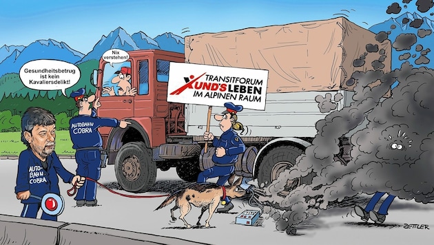 So sieht unser genialer Karikaturist Alfred Zettler die Forderung des Transitforums Austria, eine Cobra für sämtliche Autobahnen und Schnellstraßen zu installieren. (Bild: Zettler Alfred)