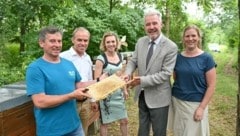 Stadtchef Schneeberger (2. v. re.) und Schulleiter Stückler (2. v. li.) bei den Bienenstöcken im Akademiepark. (Bild: Jürgen Mück)