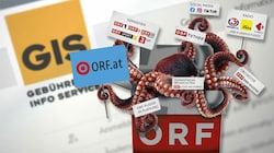 Der gierige „Krake ORF“ breitet sich zunehmend aus: von Fernsehen über Radio bis zu Nachrichten im Internet und zu einer neuen Streaming-Plattform. (Bild: Krone KREATIV, APA/HARALD SCHNEIDER, stock.adobe.com)