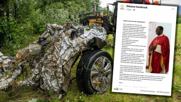 Ein Teil seines Wagens wurde im Ruetz-Fluss entdeckt. Die Diözese Innsbruck rief nach dem Unglück auf Facebook zum Gebet für Pfarrer Augustin auf. (Bild: zeitungsfoto.at, www.facebook.com/dibk.at (Screenshot))