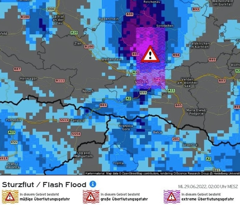 Die Grafik zeigt, dass am 29. Juni um zwei Uhr früh eine Sturzflutwarnung veröffentlicht wurde. (Bild: kachelmannwetter.com)