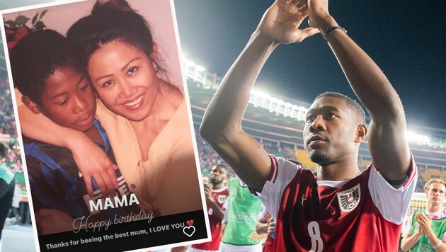 David Alaba rechts als Nationalspieler, links als Jungspund mit seiner Mama (Bild: APA/GEORG HOCHMUTH, Instagram.com/davidalaba)