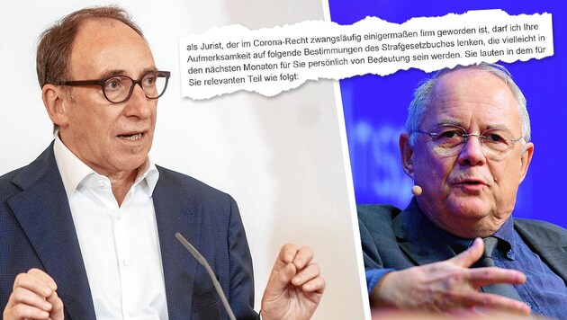 Manfred Matzka (re.) sieht ein Strafverfahren auf Gesundheitsminister Johannes Rauch (li.) zukommen. (Bild: Wolfgang Spitzbart, Apa; Krone KREATIV)