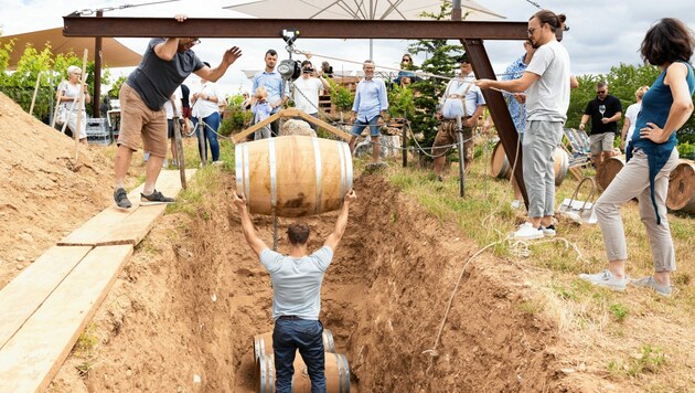 Beim „Fest der Rauen Liebe“ packen alle Gäste mit an. Die Fässer werden in etwa zwei Meter Tiefe eingegraben. So bekommt der Wein mehr Struktur und Eleganz. (Bild: Sebastian Philipp)