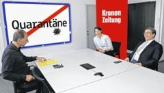 Wie bei einer Ortstafel: Die Quarantäne endet (symbolische Darstellung). Politikwissenschafter Peter Filzmaier im Gespräch mit Gesundheitsmanagerin Reich und Infektiologe Florian Thalhammer (Bild rechts) in der „Krone“-Redaktion. (Bild: Peter Tomschi, Krone KREATIV)