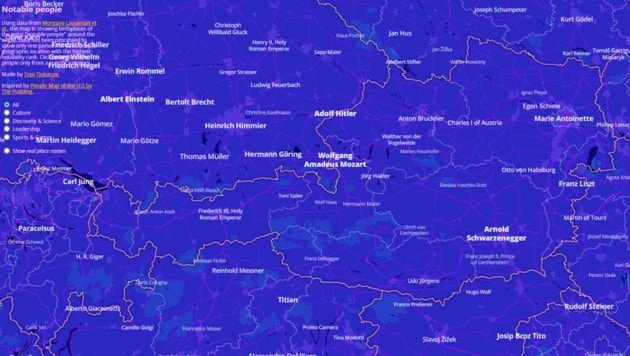 Diese historischen Persönlichkeiten werden angezeigt, wenn man auf der Karte an Österreich heranzoomt. (Bild: tjukanovt.github.io/notable-people)