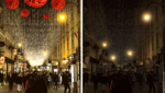 Kohlmarkt en el distrito 1 de Viena: a la izquierda con tiendas iluminadas y adornos navideños, a la derecha la misma imagen solo con farolas (Imagen: Zwefo, Krone KREATIV)