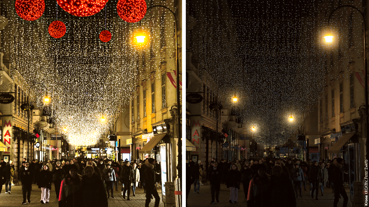 Der Kohlmarkt im 1. Wiener Bezirk: links mit beleuchteten Geschäften und Weihnachtsdeko, rechts das gleiche Bild nur mit Straßenlaternen (Bild: Zwefo, Krone KREATIV)