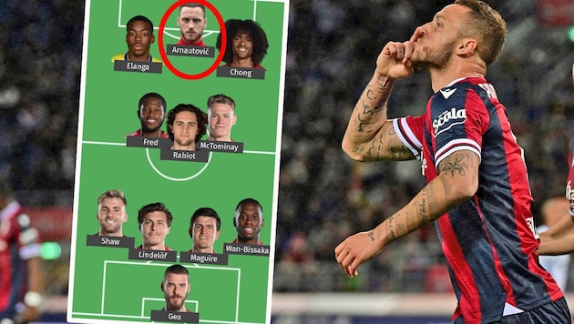 Marko Arnautovic rechts im (standesgemäßen) Bologna-Dress, rechts als Teil der fiktiven ManUnited-Startelf (Bild: AFP, Facebook.com/Sportbible)