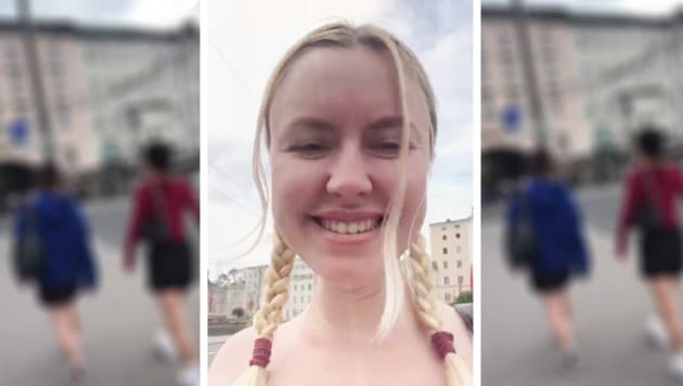Auf der Staatsbrücke mitten in Salzburg machte sich die Frau über Ukrainerinnen lustig. (Bild: Krone KREATIV, Screenshot/Telegram/pro_germ)