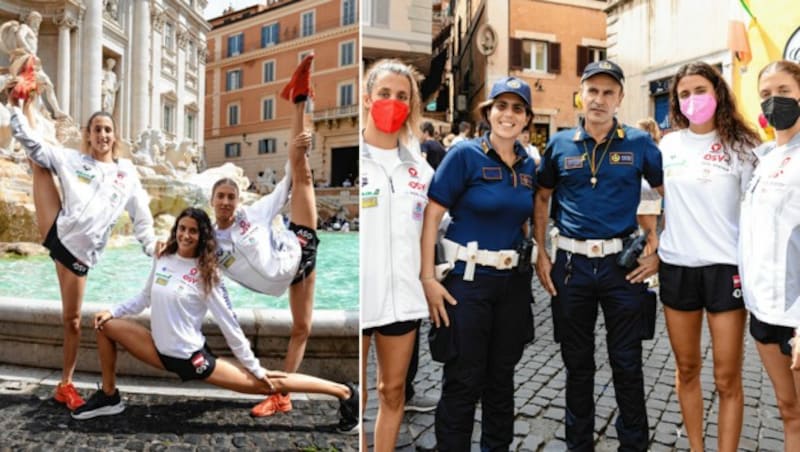 Eirni, Anna-Maria und Vasiliki Alexandri zogen beim Trevi-Brunnen die Blicke auf sich. Beim Spaziergang durch die Stadt posierten sie für Fotos mit der Polizei (Bild: Mario Urbantschitsch)