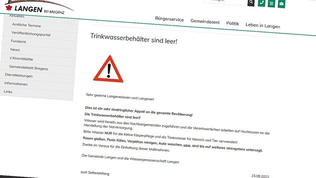 Auf der Homepage der Gemeinde wurden die Einwohner über die Wasserknappheit informiert. (Bild: Screenshot langen.at)