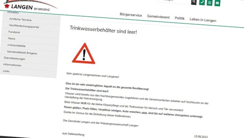 Auf der Homepage der Gemeinde wurden die Einwohner über die Wasserknappheit informiert. (Bild: Screenshot langen.at)