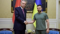 von links: Der türkische Präsident Recep Tayyip Erdogan mit seinem ukrainischen Amtskollegen Wolodymyr Selenskyj bei einem Treffen in Lemberg (Bild: AFP)