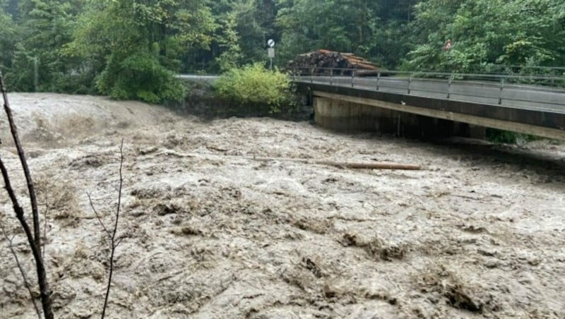 Hochwasser im August 2022: Die Dorbirner Ache brachte ganze Bäume mit. (Bild: Peter Weihs/Kronenzeitung)