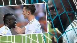 Sadio Mane: rechts im Tor sitzend, links beim Torjubel mit Kollege Benjamin Pavard (Bild: AP, Twitter.com)