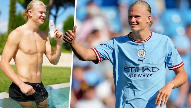 Erling Haaland im ManCity-Dress und „oben ohne“ (Bild: AP, Instagram.com/erling.haaland)