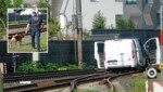 Das gestohlene Fluchtauto mit Linzer Kennzeichen. Ermittler von der Tiroler Polizei am Freitagvormittag bei der Spurensicherung. (Bild: zoom.tirol)