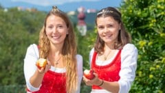 Die Apfelhoheiten haben die heurige Ernte bereits vor schönster Puch-Kulisse verkostet. Schmeckt! (Bild: Foto Fischer, Graz)