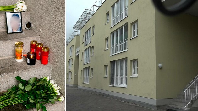 Blumen und Kerzen vor dem Wohngebäude in Bludenz (Bild: Mathis Fotografie, Krone KREATIV)