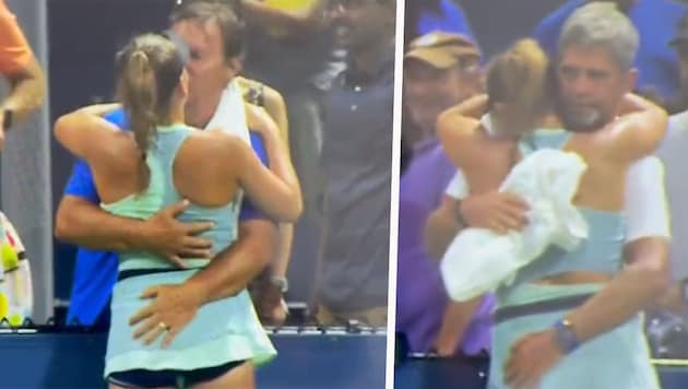 Sara Bejlek beim Jubeln mit ihrem Vater (li.) und ihrem Coach (re.) (Bild: twitter.com/tennisbreaknews)