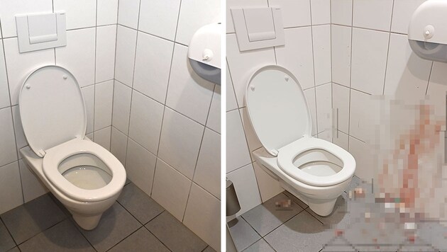 Vorher, nachher: Blutspritzer und Nadeln in dem WC in Krems (Bild rechts) sorgen vor der Wahl für viel Aufruhr. (Bild: Krone KREATIV, zVg, Attila Molnar)