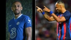 Die Barca-Kluft (rechts) hat ausgedient: Aubameyang trägt ab sofort Chelsea-Blau. (Bild: APA/AFP/Pau BARRENA, Facebook.com/Chelsea Football Club)