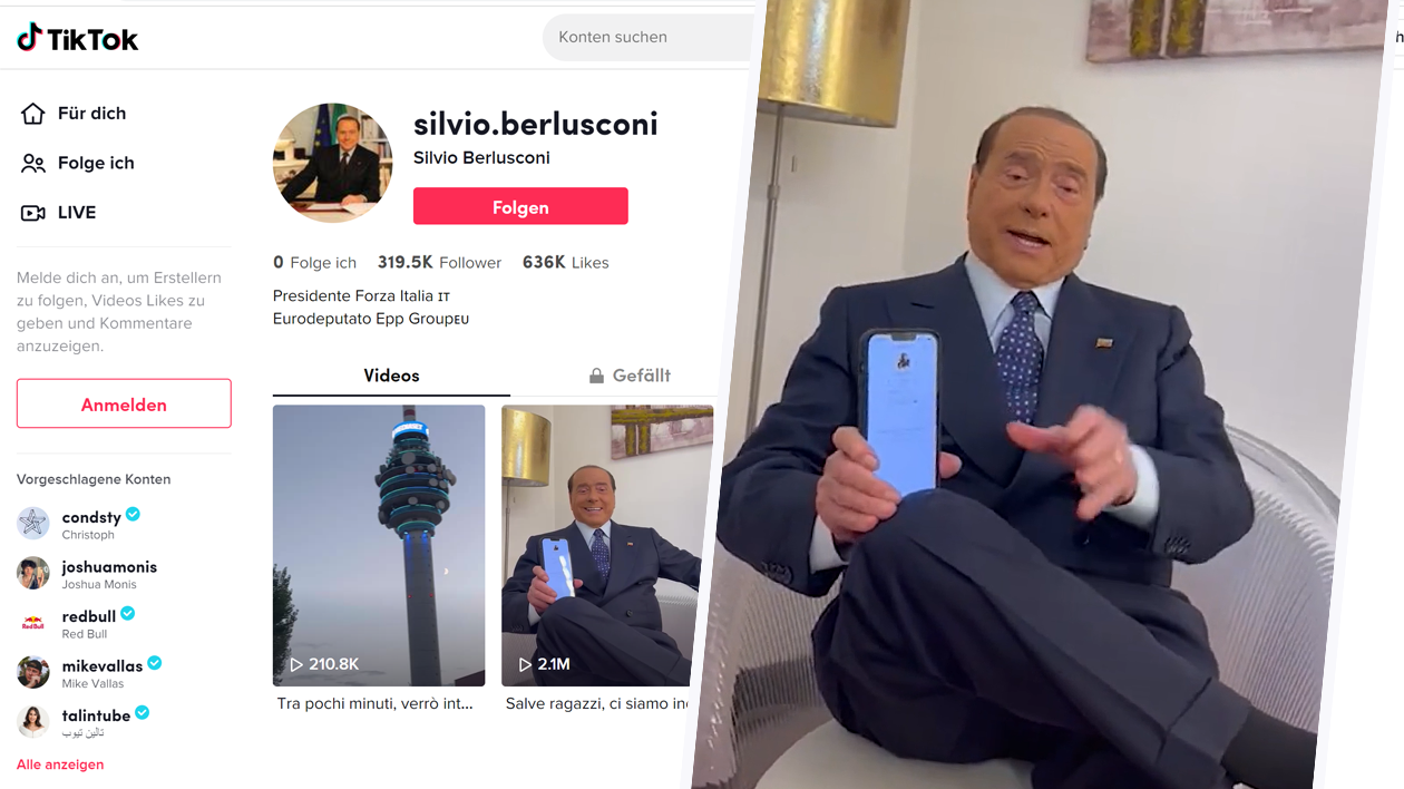 Silvio Berlusconi gab nun sein Debüt auf TikTok. (Bild: tiktok.com/@silvio.berlusconi/Krone KREATIV)