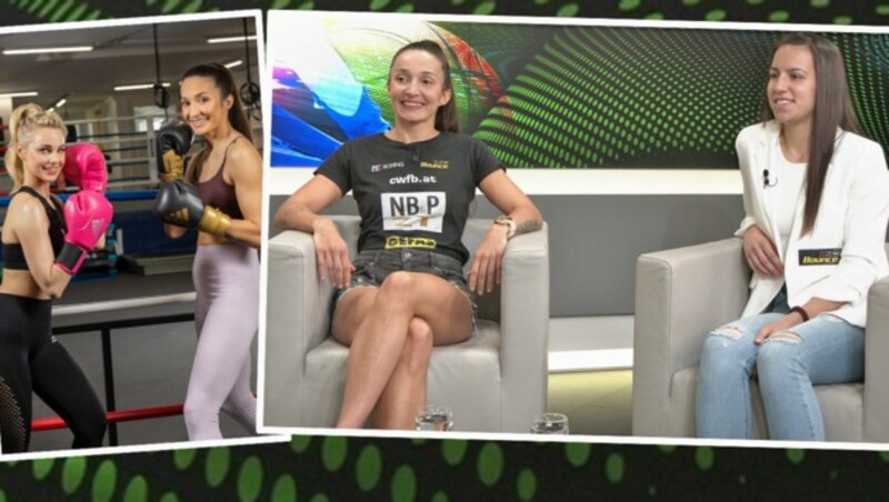 Michaela Kotaskova (im großen Bild links und im kleinen Bild rechts als Trainerin von Silvia Schneider, ganz links) und Anastaisja Lukajic im krone.tv-Studio (Bild: krone.tv, Boxteam Bounce)