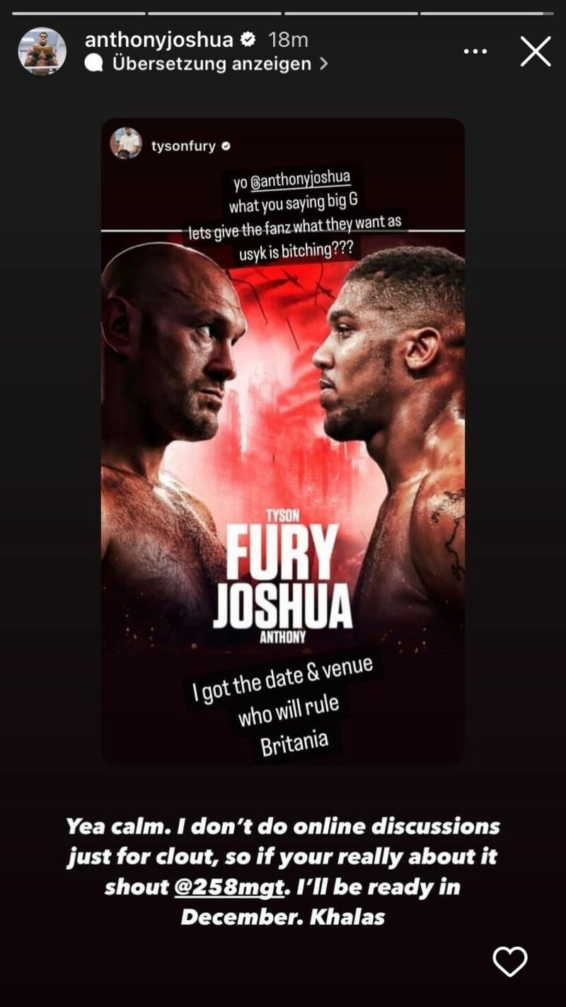 Anthony Joshuas Reaktion auf die Kampf-Aufforderung von Tyson Fury (Bild: Instagram.com/anthony joshua)