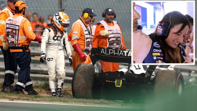 Einige Mercedes-Fans wittern hinter dem Aus von Yuki Tsunoda einen Plan von Red-Bull-Chefstrategin Hannah Schmitz (kleines Bild rechts). (Bild: APA/AFP/Kenzo TRIBOUILLARD, Twitter.com/AIRYNlCHA)