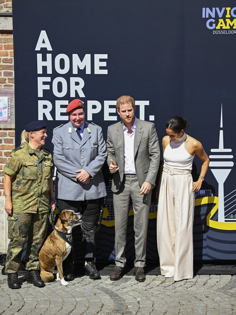 Das Herzogspaar von Sussex wurde in Düsseldorf auch von einem Militärhund herzlich empfangen. (Bild: APA/Photo by Sascha Schuermann/AFP)