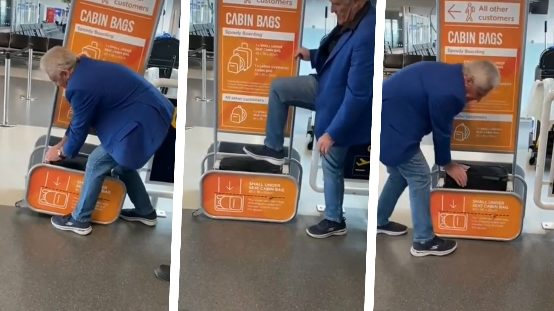 Der Fluggast setzt sein ganzes Körpergewicht ein, um den Koffer in die Testvorrichtung zu bekommen. (Bild: hotasfo_o/TikTok)