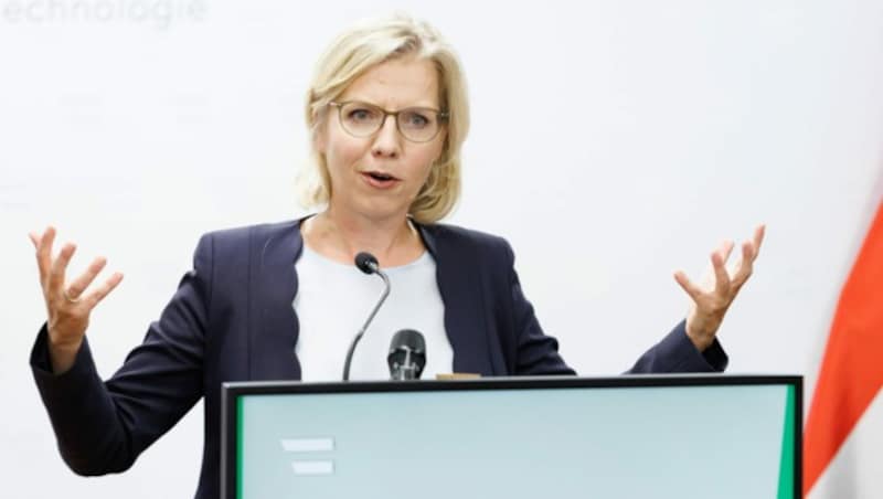 Klimaschutzministerin Leonore Gewessler (Grüne) während einer Pressekonferenz zum Thema „Eckpunkte Pfandsystem Österreich“ am Donnerstag in Wien (Bild: APA/Florian Wieser)