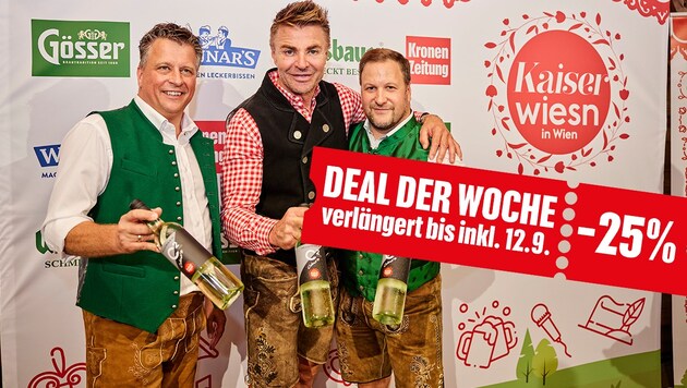Von links nach rechts: Thomas Podsednik, Leo Hillinger und Johann Pittermann mit dem „Kaiser Wiesn Wein“ (Bild: Kaiser Wiesn, krone.at Grafik)