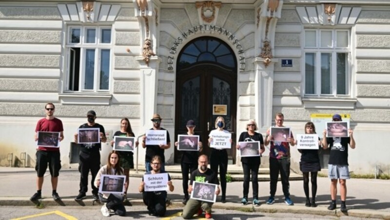 Die Verantwortlichen der zuständigen Bezirkshauptmannschaft lehnten eine Stellungnahme bislang ab - VGT und Maggie Entenfellner (untere Reihe links) protestierten vor dem Gebäude. (Bild: Imre Antal)